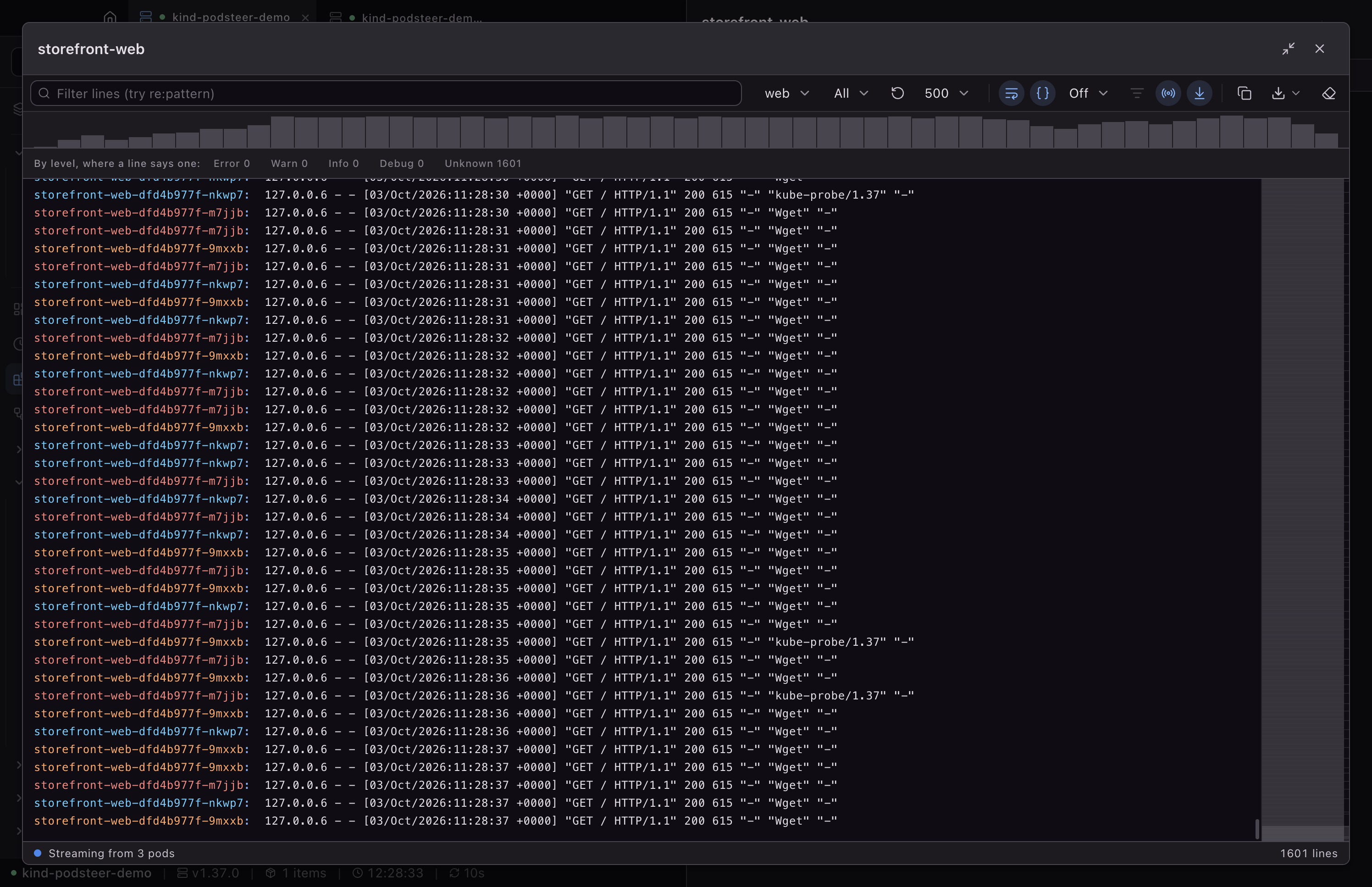 The storefront-web application's Logs tab, maximised and narrowed to its web container: access-log lines from its three pods interleaved, each line prefixed with its pod's name in that pod's own colour, a volume histogram across the top, and level chips showing these lines carry no recognisable level.