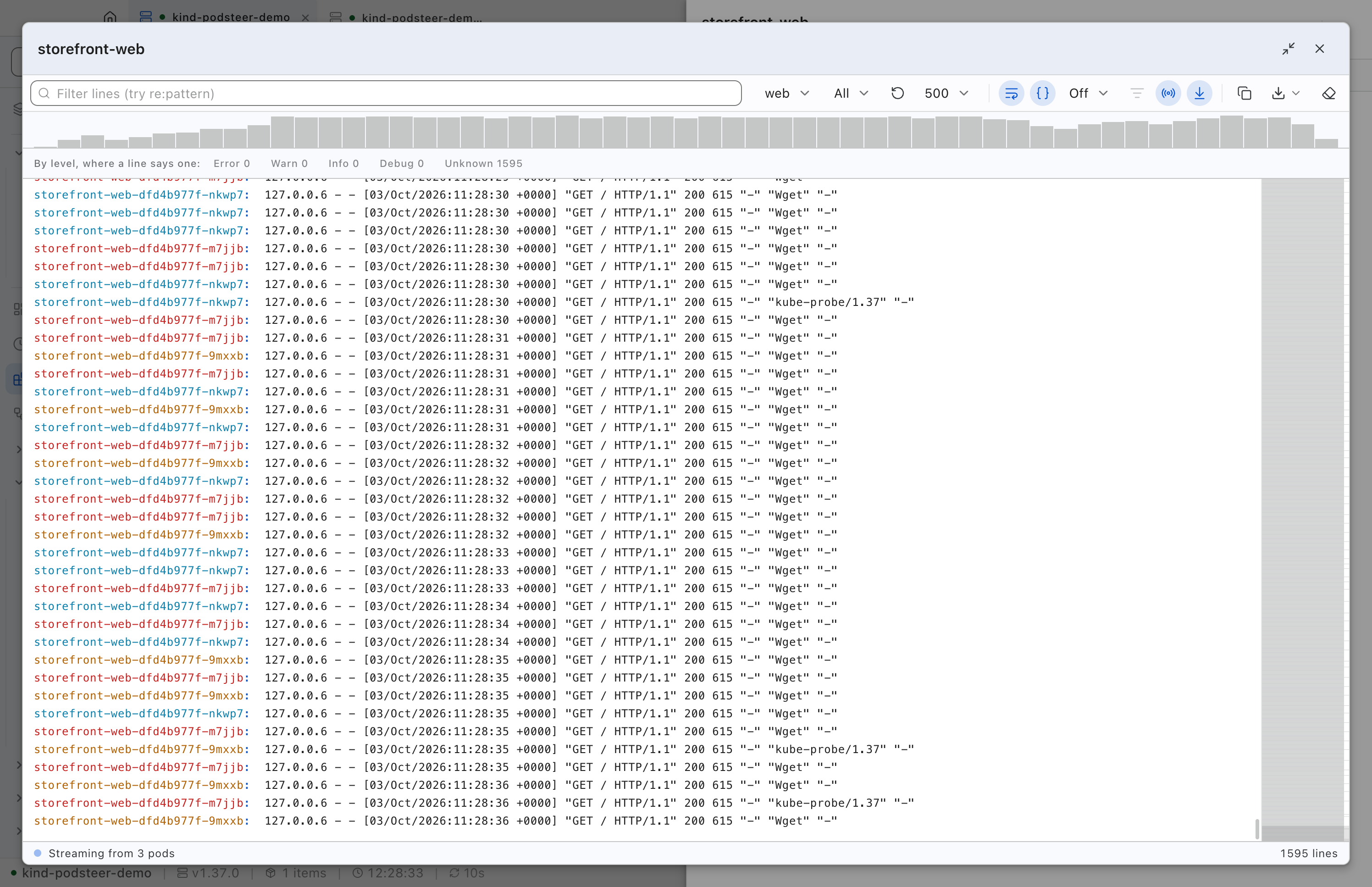 The storefront-web application's Logs tab, maximised and narrowed to its web container: access-log lines from its three pods interleaved, each line prefixed with its pod's name in that pod's own colour, a volume histogram across the top, and level chips showing these lines carry no recognisable level.