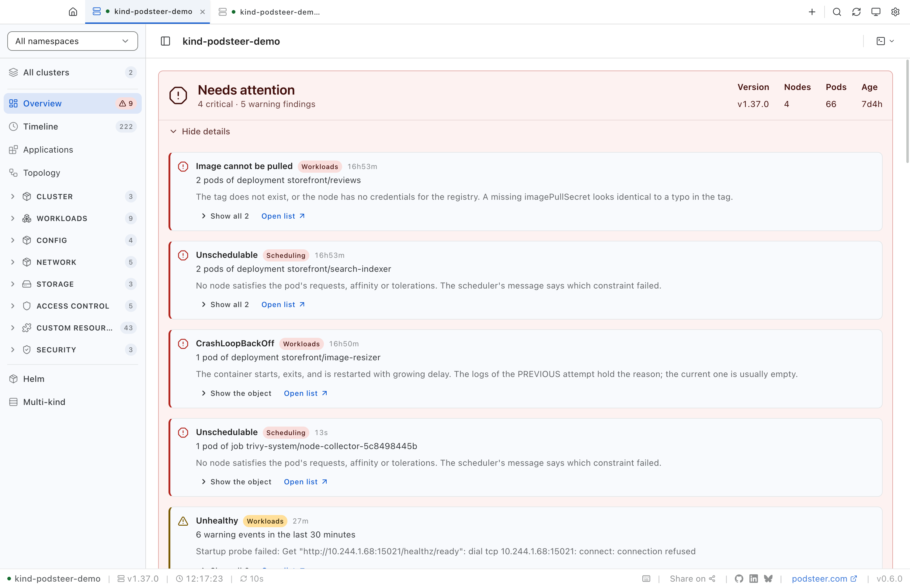 PodSteer's cluster overview with its findings open under a banner reading Needs attention, 4 critical and 5 warning findings. Listed: an image that cannot be pulled for two pods of storefront/reviews, two unschedulable pods of storefront/search-indexer, CrashLoopBackOff for the image-resizer deployment, an unschedulable Trivy scanner job, and the start of a warning about failing startup probes. Each finding says what the state means.