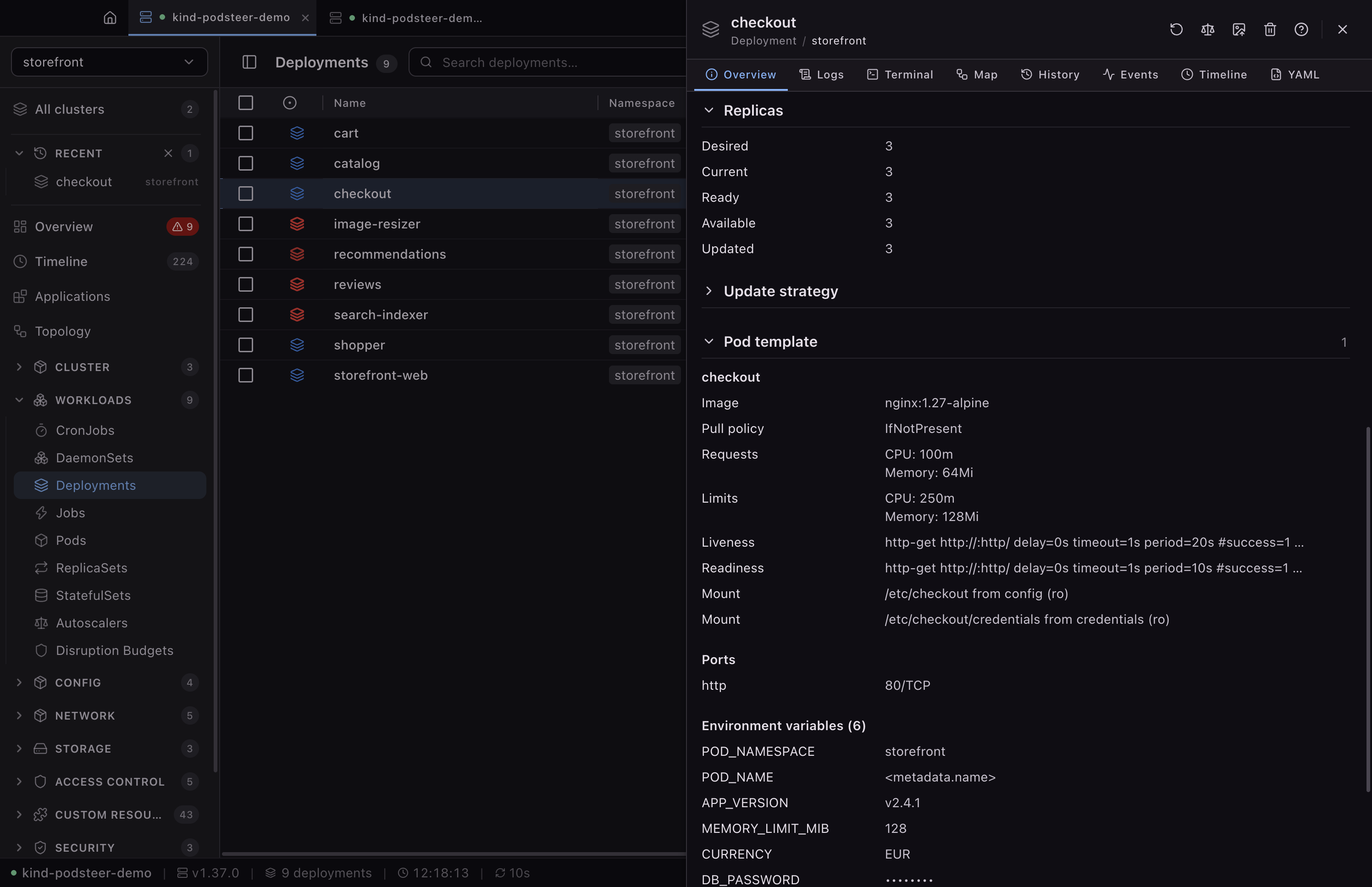 A list of deployments in the storefront namespace with checkout open in a detail panel: three replicas desired, current, ready and available, then the pod template with the nginx image, CPU and memory requests and limits, probes, mounts and six environment variables with their values, including the pod's namespace and version, a currency, and a database password shown masked.
