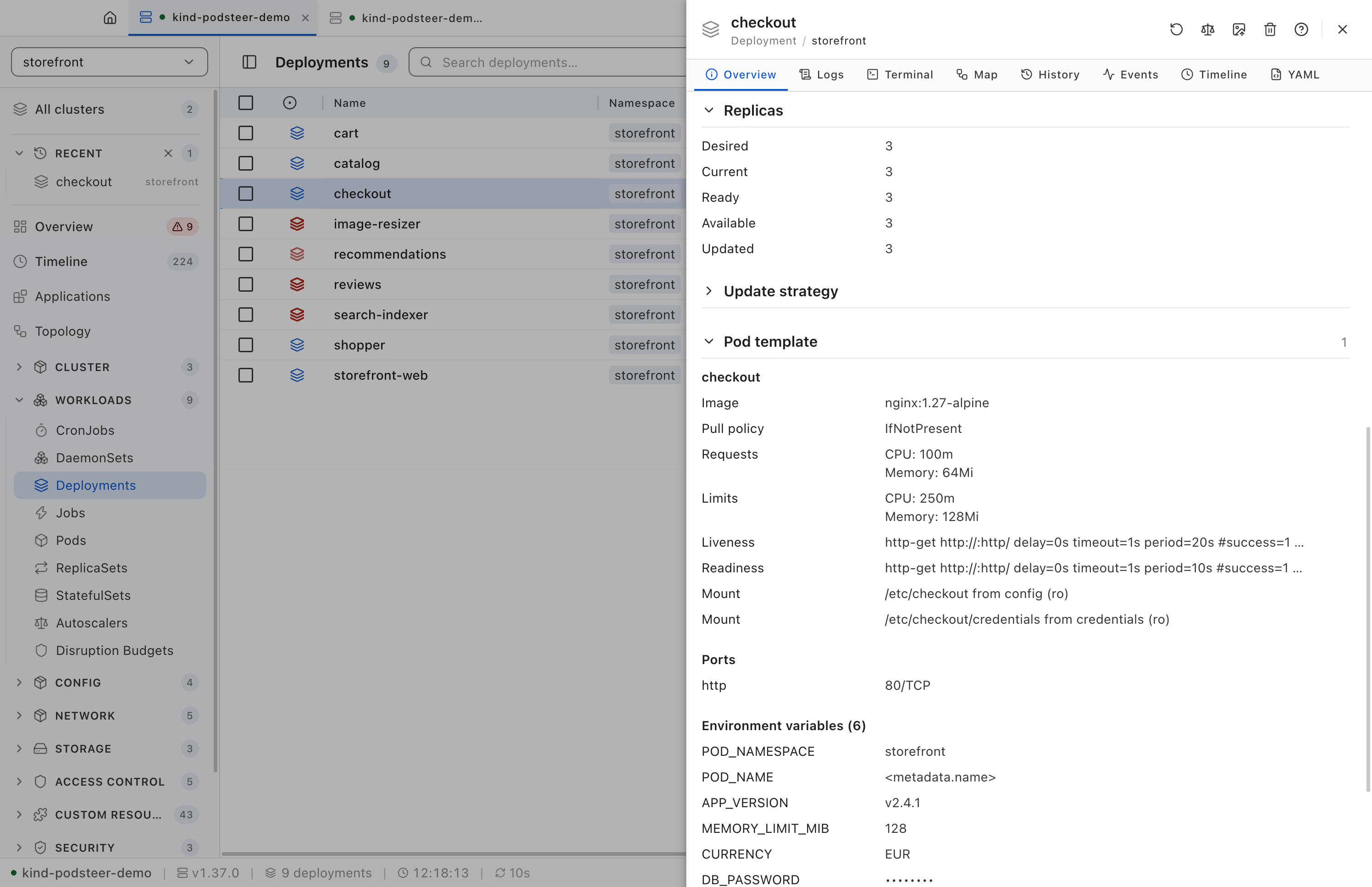 A list of deployments in the storefront namespace with checkout open in a detail panel: three replicas desired, current, ready and available, then the pod template with the nginx image, CPU and memory requests and limits, probes, mounts and six environment variables with their values, including the pod's namespace and version, a currency, and a database password shown masked.