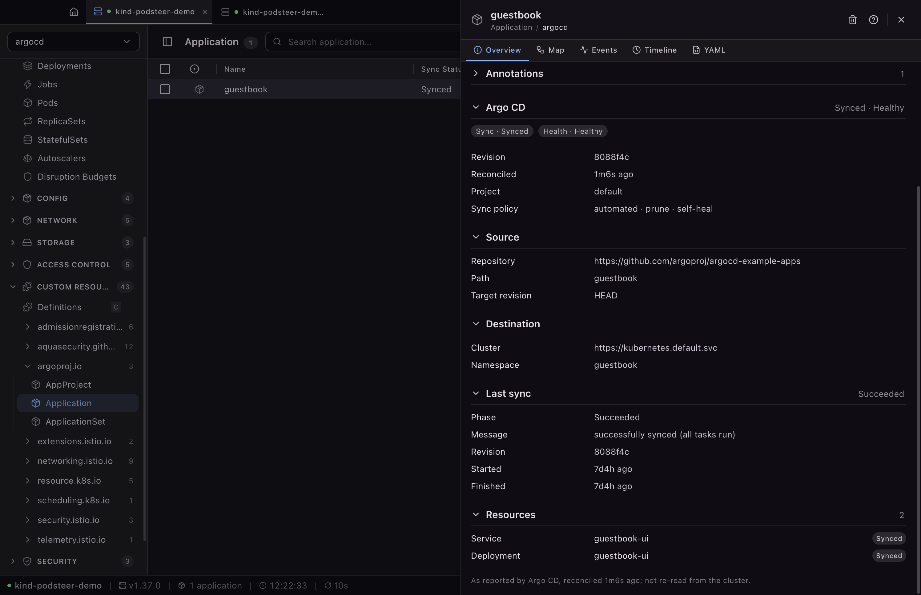 The detail panel of an Argo CD Application named guestbook: Synced and Healthy, automated sync with prune and self-heal, its source repository, path guestbook and target revision HEAD, its destination namespace, a successful last sync, and the Service and Deployment it manages, both Synced.