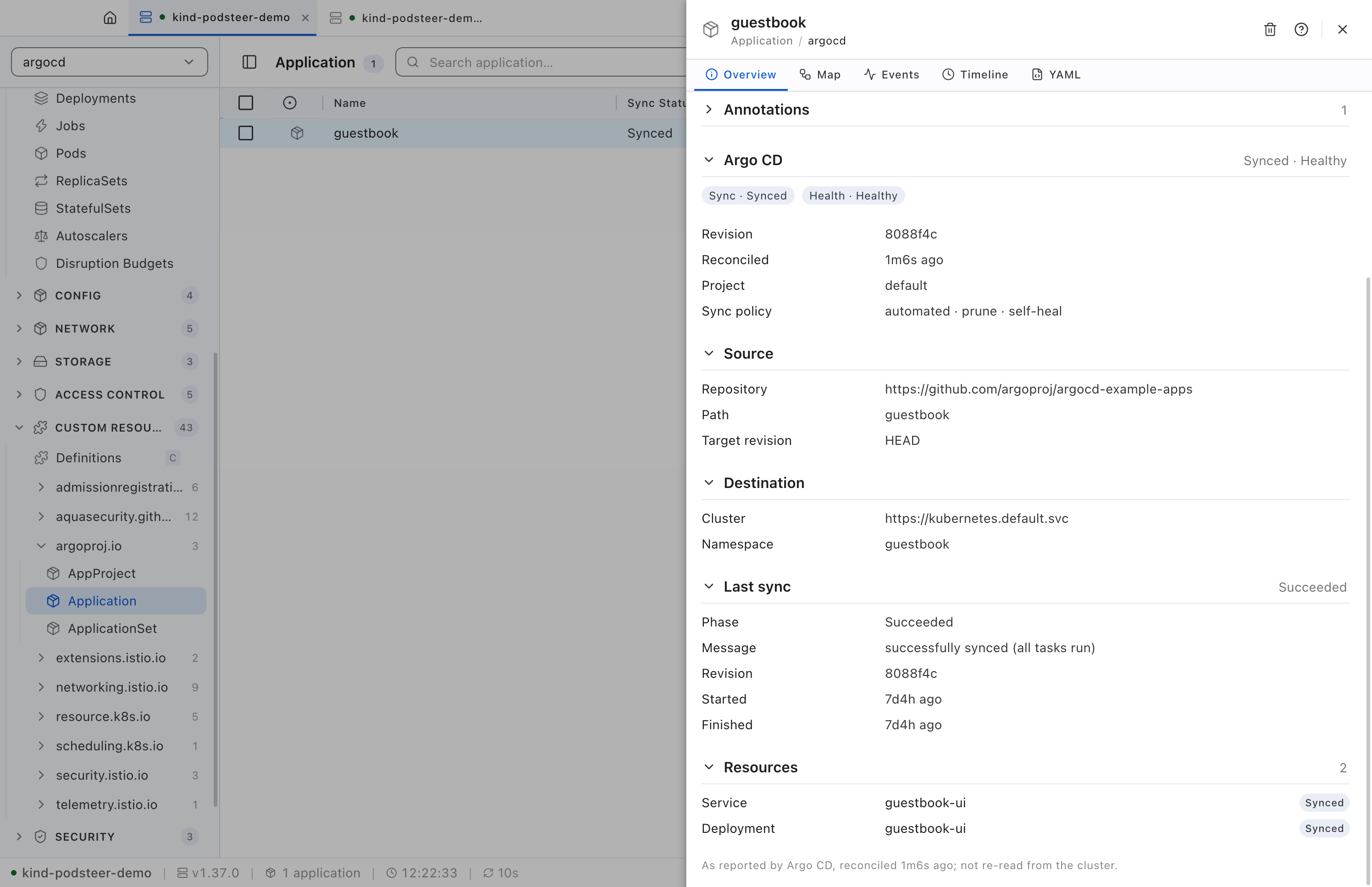 The detail panel of an Argo CD Application named guestbook: Synced and Healthy, automated sync with prune and self-heal, its source repository, path guestbook and target revision HEAD, its destination namespace, a successful last sync, and the Service and Deployment it manages, both Synced.