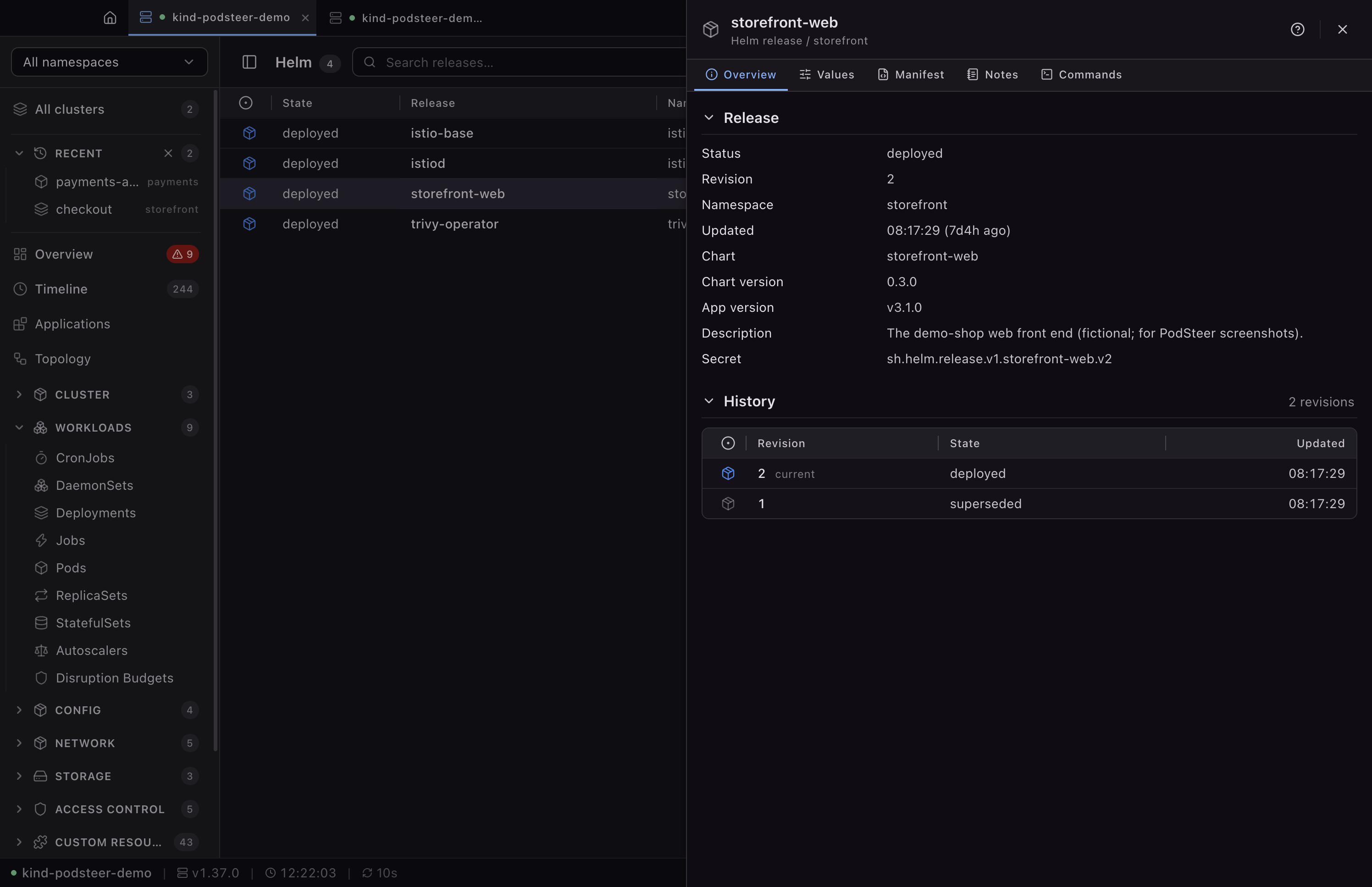 The Helm release storefront-web open in its panel: deployed at revision 2 in storefront, the chart storefront-web 0.3.0 with app version v3.1.0 and its description, the release Secret it lives in, and its history — revision 2 current, revision 1 superseded. Tabs above for Values, Manifest, Notes and Commands.