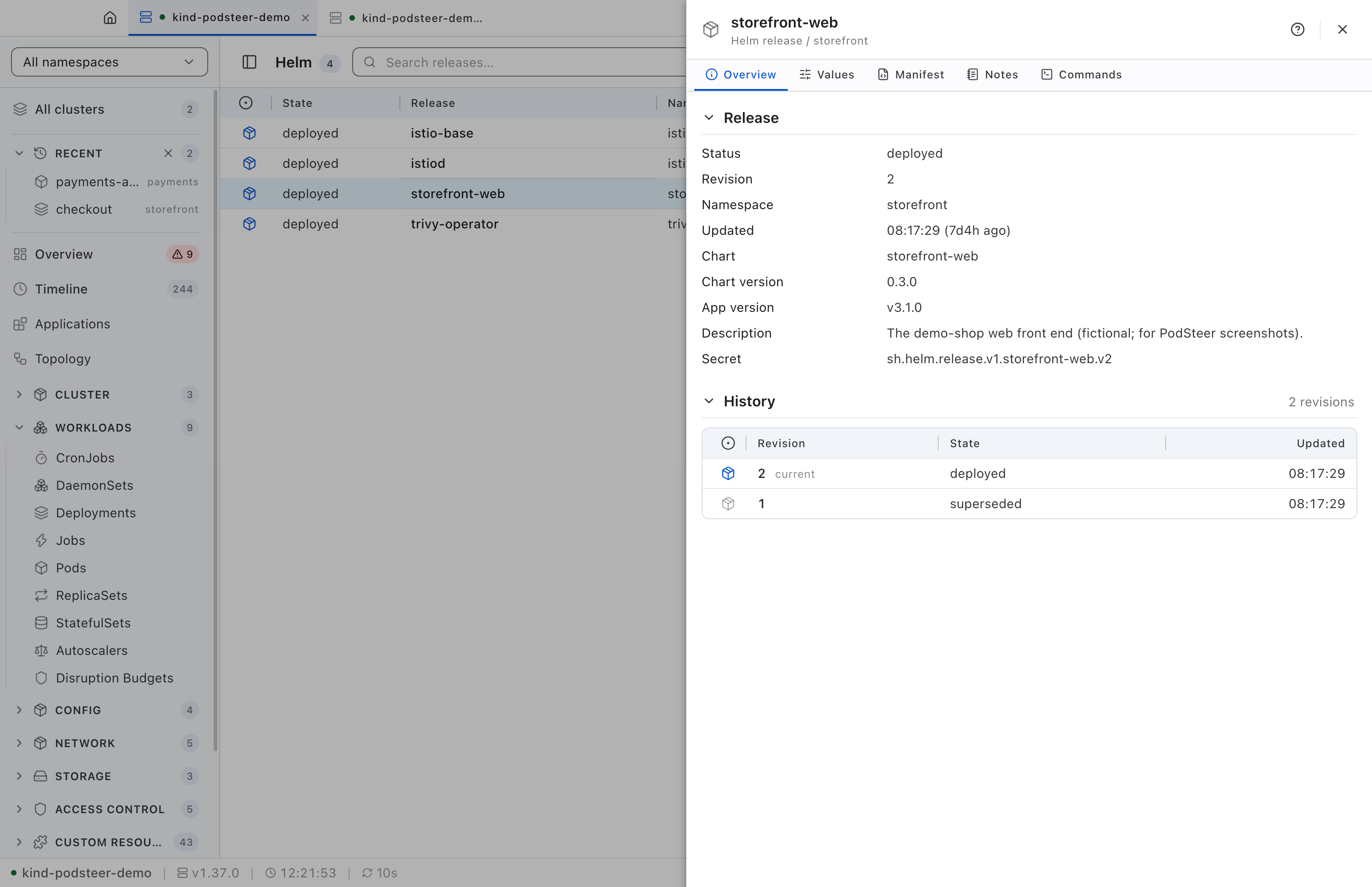 The Helm release storefront-web open in its panel: deployed at revision 2 in storefront, the chart storefront-web 0.3.0 with app version v3.1.0 and its description, the release Secret it lives in, and its history — revision 2 current, revision 1 superseded. Tabs above for Values, Manifest, Notes and Commands.