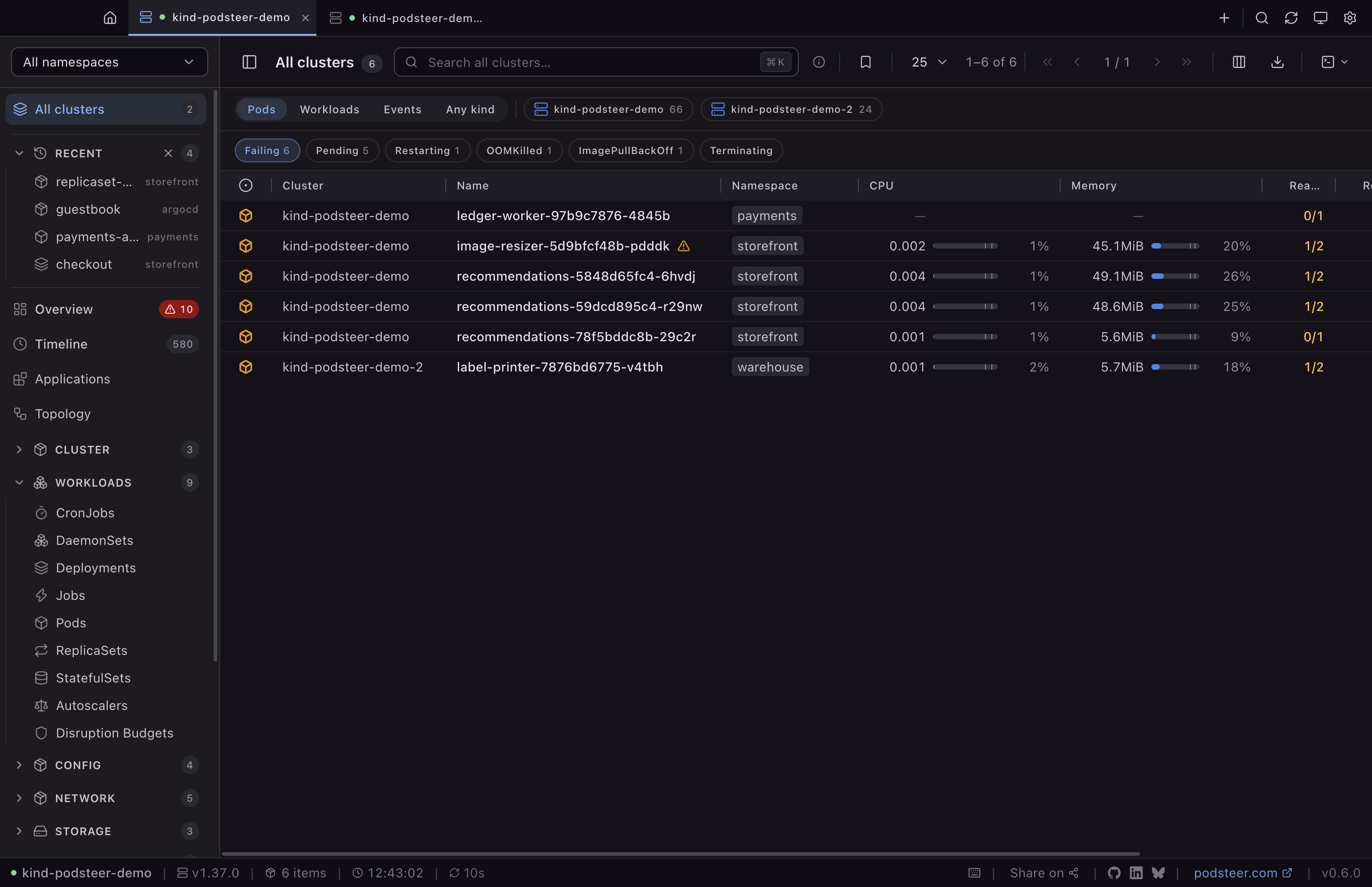 The All clusters view with two demo clusters open, filtered to failing pods: five from kind-podsteer-demo in the payments and storefront namespaces and one from kind-podsteer-demo-2 in warehouse, each row naming its cluster.