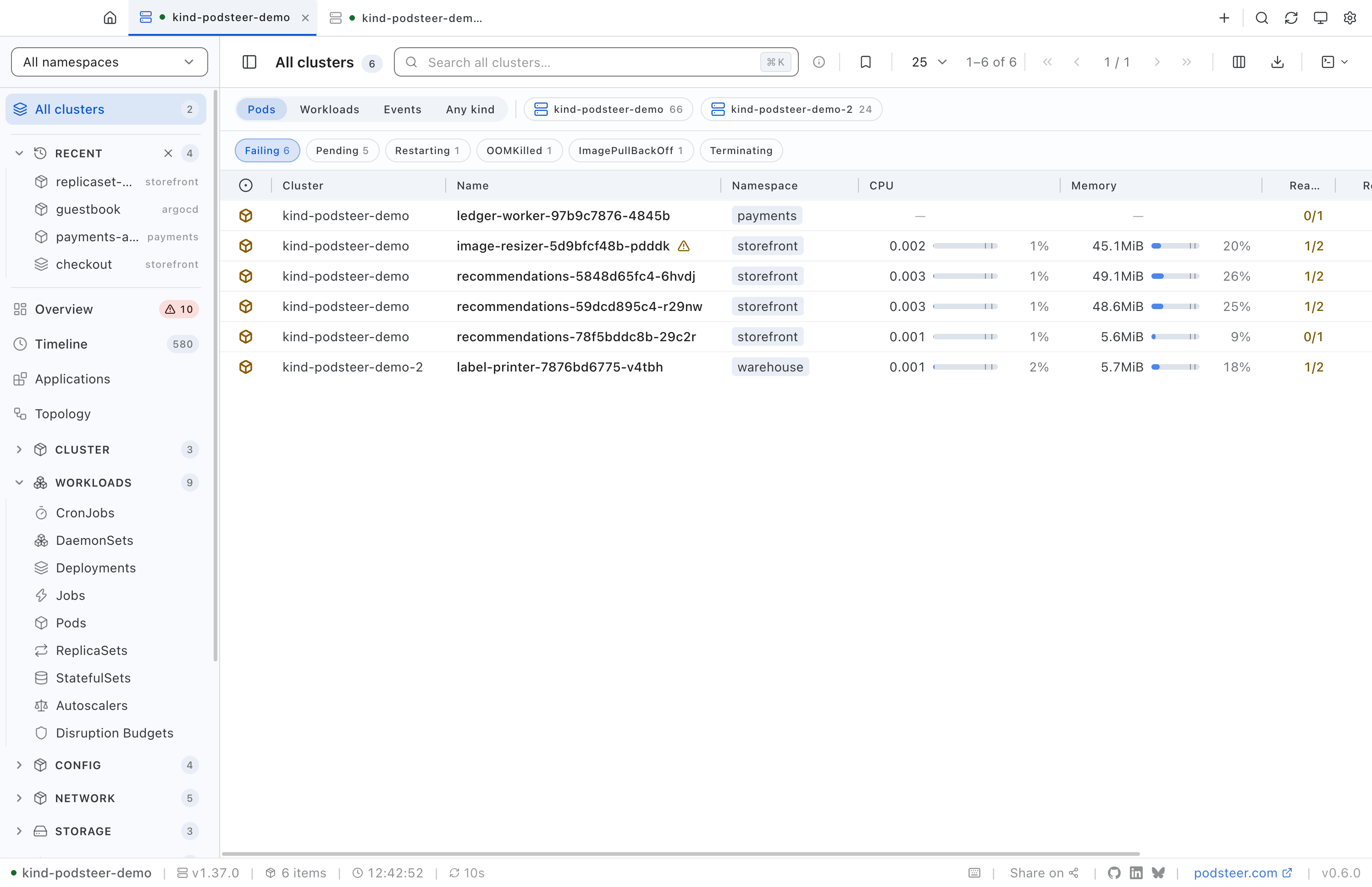 The All clusters view with two demo clusters open, filtered to failing pods: five from kind-podsteer-demo in the payments and storefront namespaces and one from kind-podsteer-demo-2 in warehouse, each row naming its cluster.