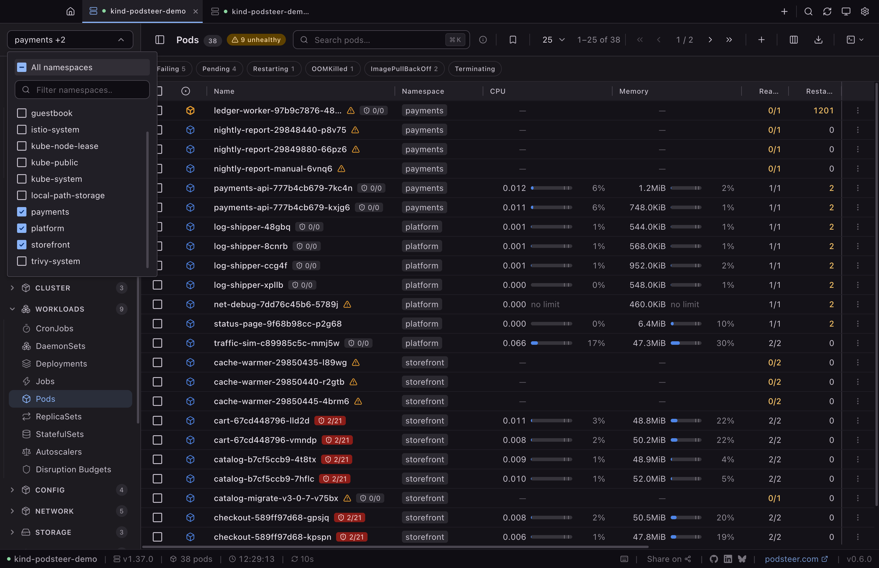 The sidebar's namespace selector open over the Pods list, with payments, platform and storefront ticked and the other namespaces unticked, the button naming payments and two more, and the list showing the 38 pods of those three namespaces together.