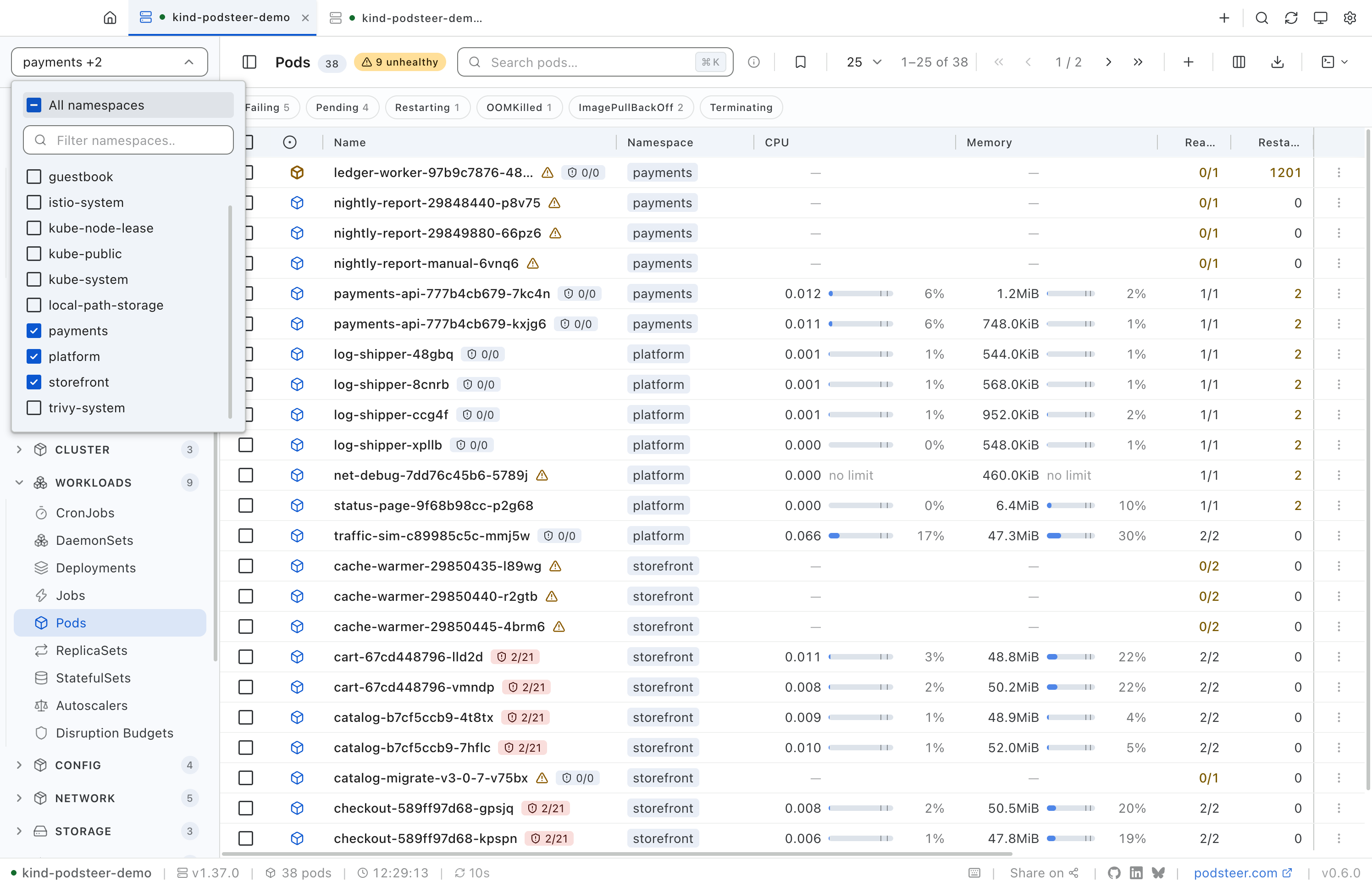 The sidebar's namespace selector open over the Pods list, with payments, platform and storefront ticked and the other namespaces unticked, the button naming payments and two more, and the list showing the 38 pods of those three namespaces together.