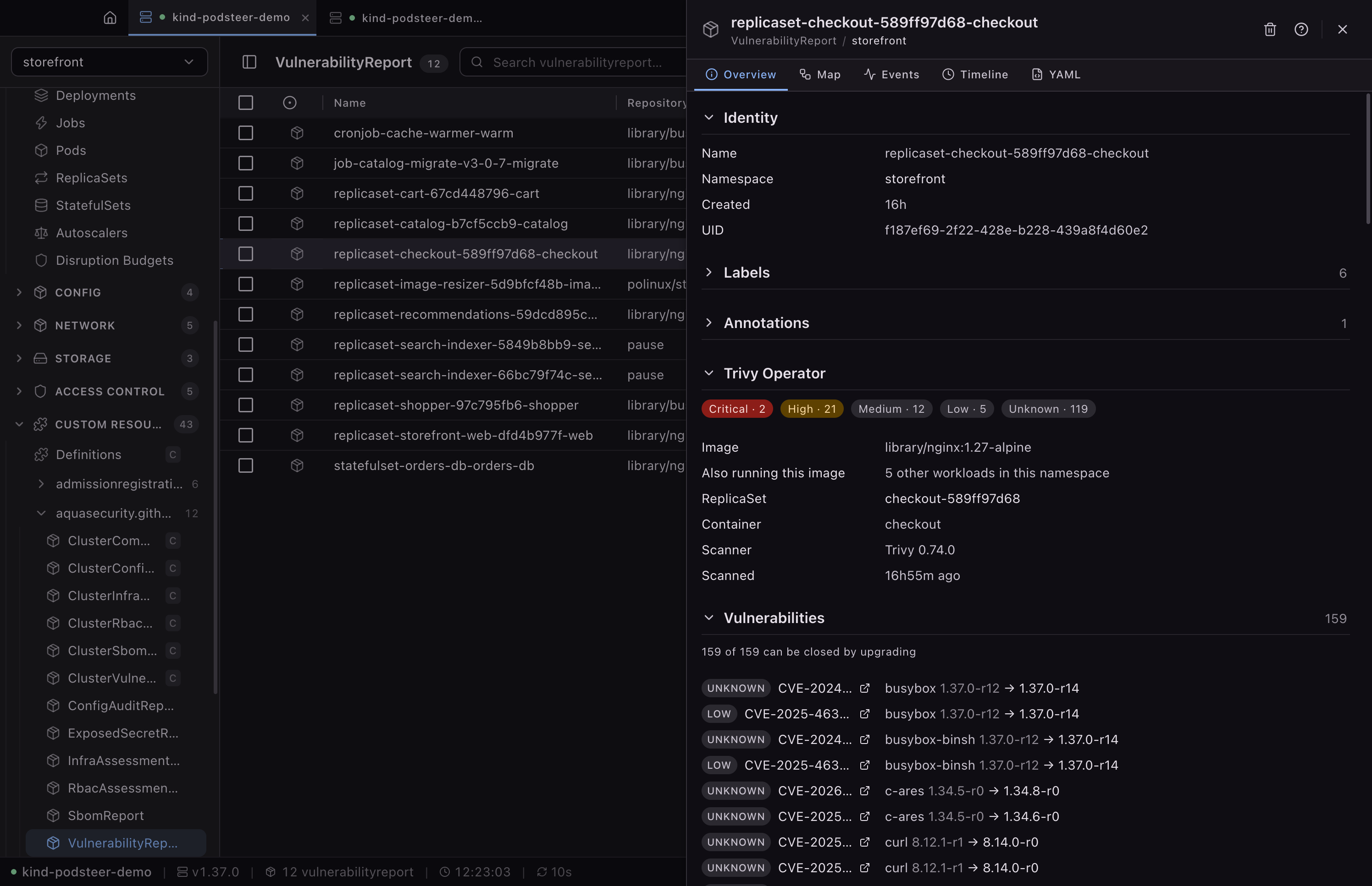 A Trivy VulnerabilityReport for the checkout workload in storefront, open as a typed panel: counts by severity, the image nginx:1.27-alpine, a note that five other workloads in the namespace run the same image, the scanner and when it scanned, and the first vulnerabilities with the package versions that fix them.