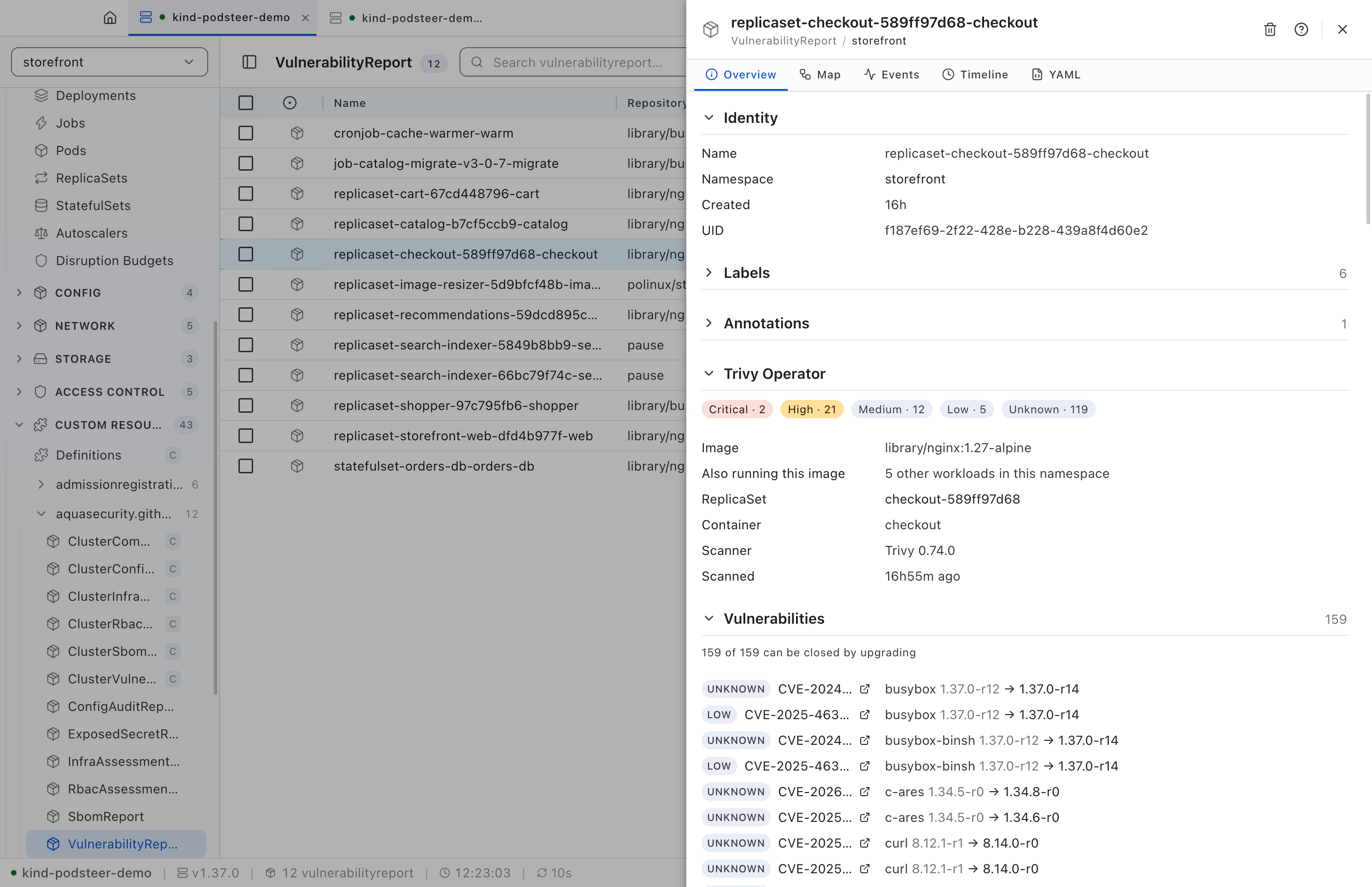 A Trivy VulnerabilityReport for the checkout workload in storefront, open as a typed panel: counts by severity, the image nginx:1.27-alpine, a note that five other workloads in the namespace run the same image, the scanner and when it scanned, and the first vulnerabilities with the package versions that fix them.
