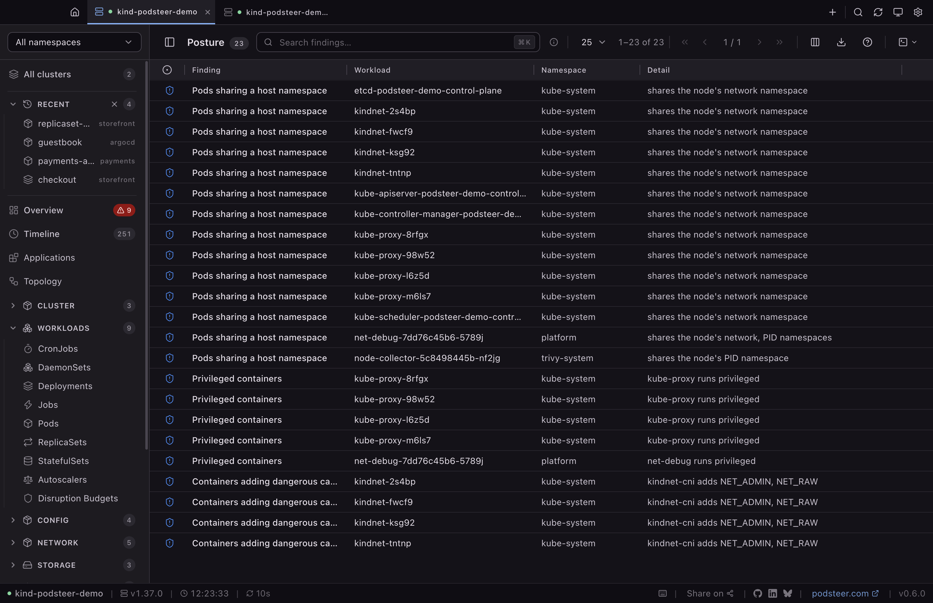 The Posture page listing 23 findings in one table: pods sharing the node's network or PID namespace, privileged containers in four kube-proxy pods and platform/net-debug, and kindnet containers adding NET_ADMIN and NET_RAW, each row naming the workload, its namespace and what it takes.