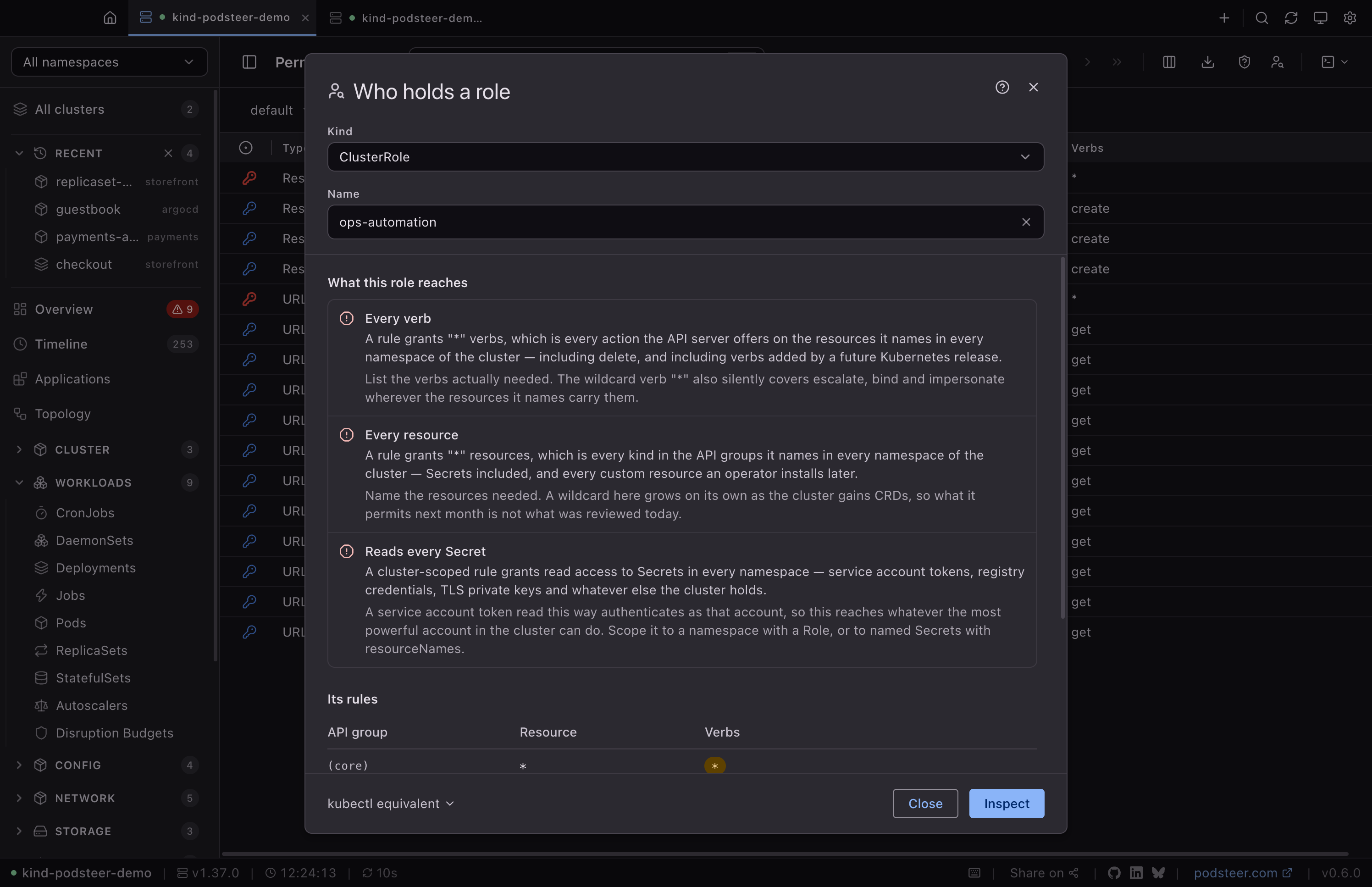 The Permissions page's Who holds a role dialog inspecting the ClusterRole ops-automation: flagged for granting every verb, every resource and a read of every Secret, each flag saying what it permits and how to narrow it, above the start of the role's rules.