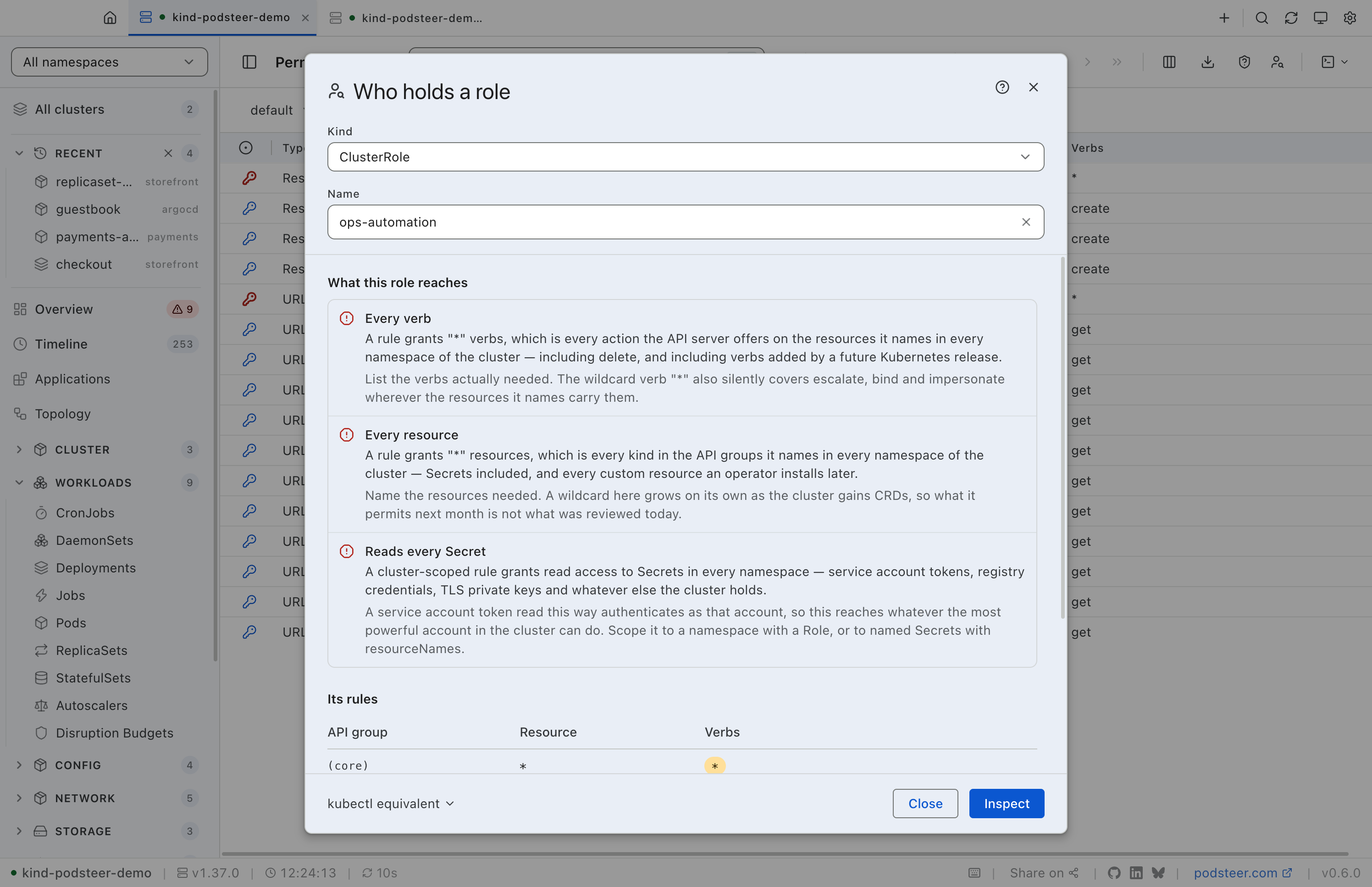 The Permissions page's Who holds a role dialog inspecting the ClusterRole ops-automation: flagged for granting every verb, every resource and a read of every Secret, each flag saying what it permits and how to narrow it, above the start of the role's rules.